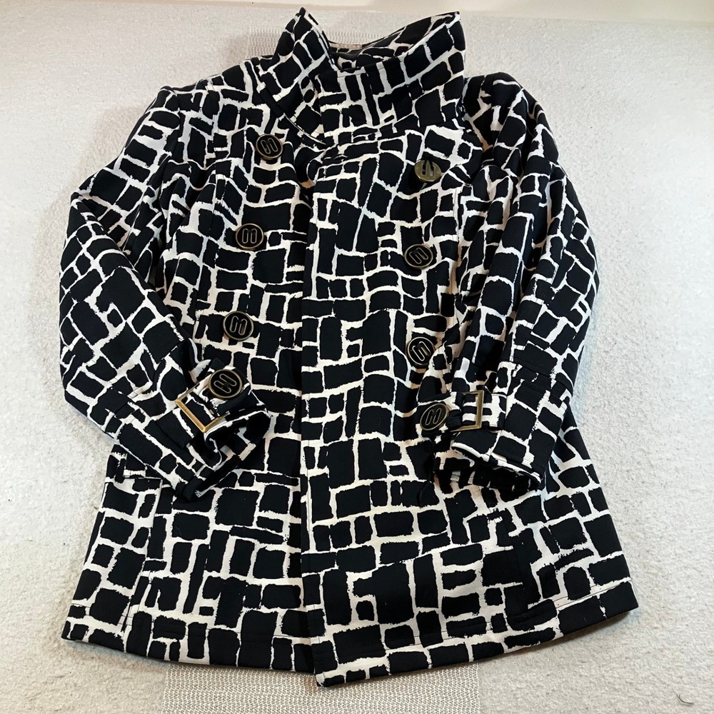 Andiamo Womens Geometric Grid Double Breasted Jacket Black White Size 14